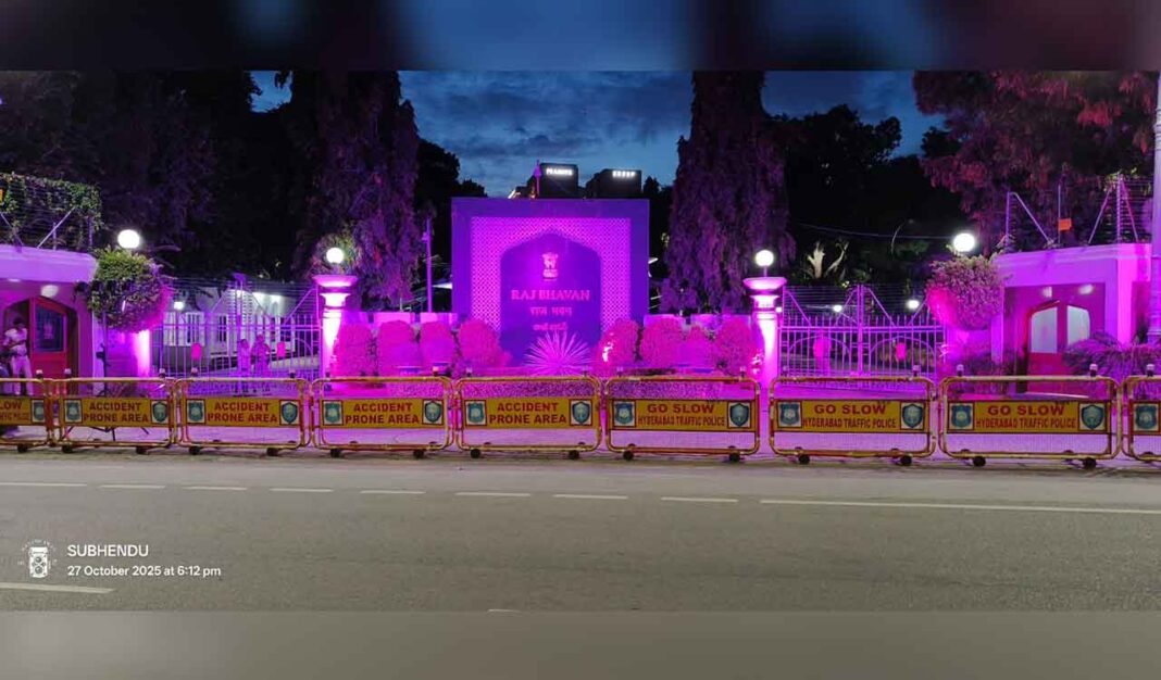 Telangana Raj Bhavan illuminated in pink for sixth consecutive year- PARAHUSHAR NEWS