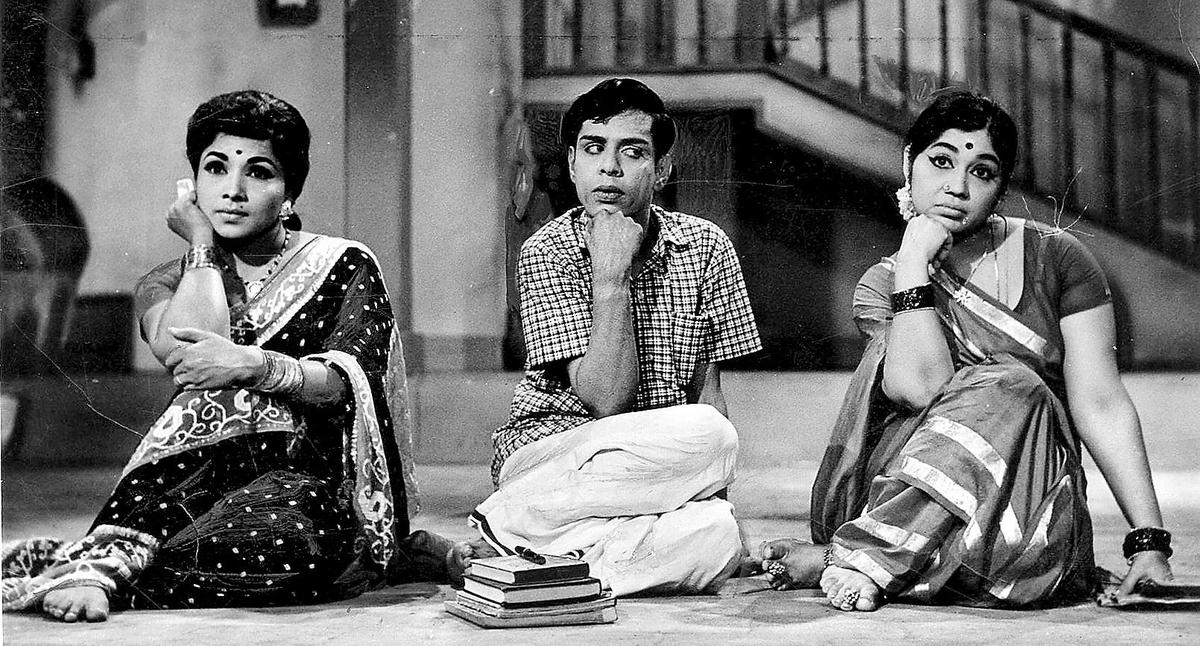 Actors Manorama, Nagesh and 'Sowcar' Janaki in Tamil film 'Edhir Neechal'