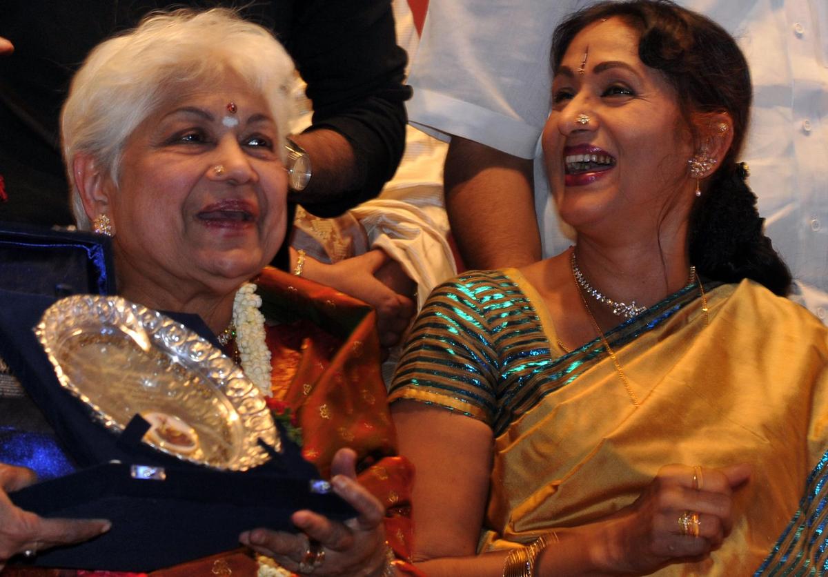 Actors Sowcar Janaki and Bharati (right) at the 75th year celebrations of Kannada cinema held at Palace Grounds in Bangalore on 04/03/2009.