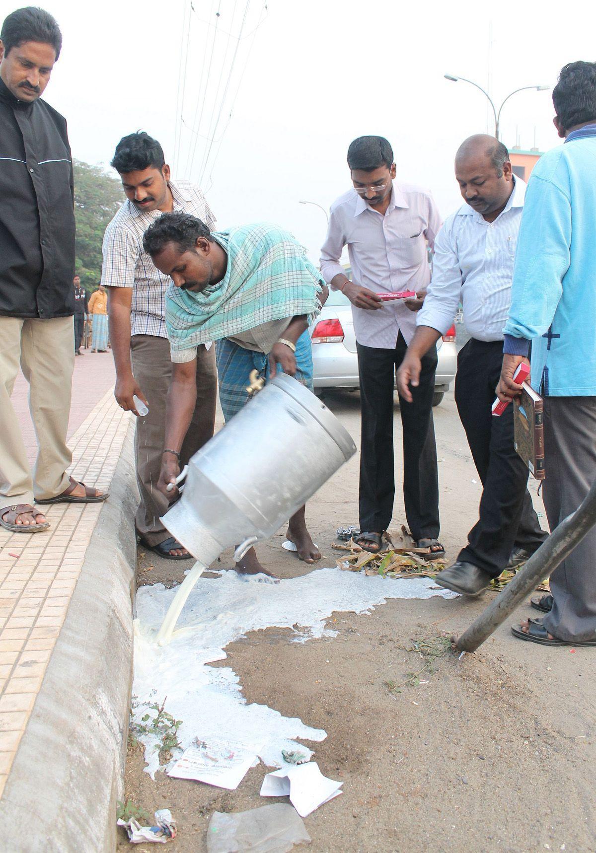 Destroying synthetic milk during a raid in Vellore.